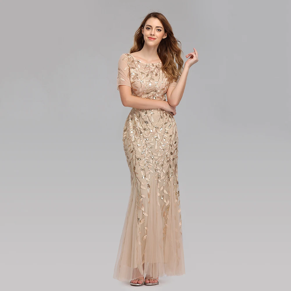 

Plus Size Evening Dresses Mermaid O Neck Short Sleeve Lace Appliques Tulle Long Party Gown Robe Soiree Sexy Formal Dress Vestido