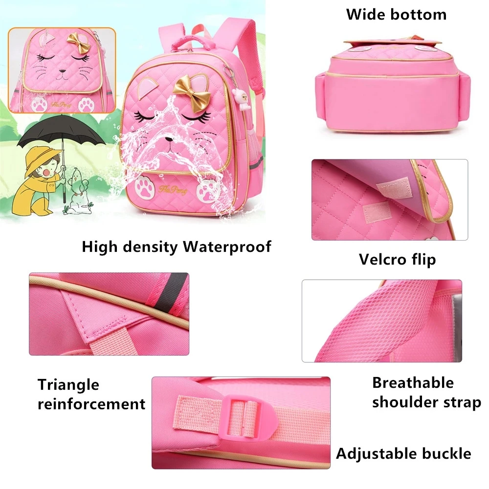 Trolley School Bags for Girls Cute Cat Children Backpack with 2/6Wheel Waterproof Primary Backpacks Kids Girl Rolling Travel Bag