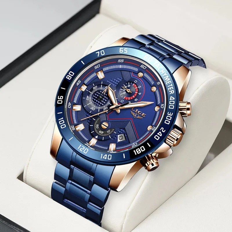 

LIGE 2022 New Fashion Mens Watches with Stainless Steel Top Brand Luxury Sports Chronograph Quartz Watch Men Relogio Masculino