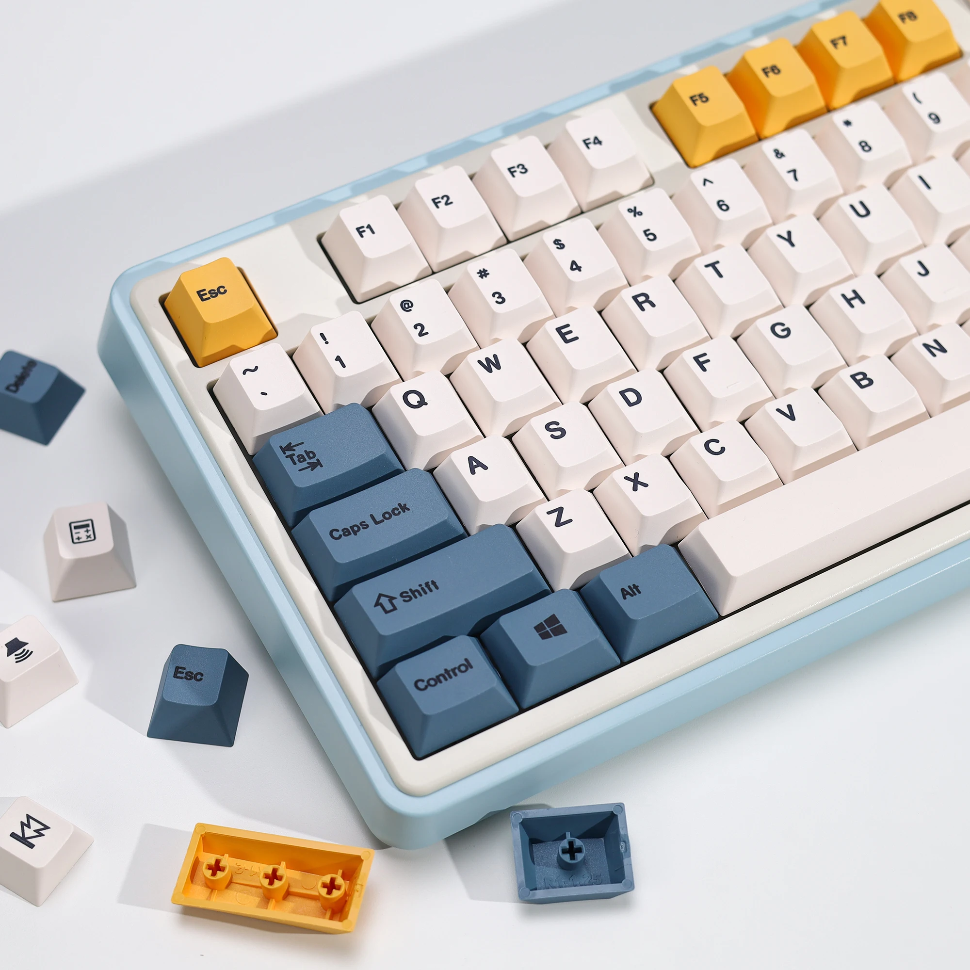 Фото KBDiy Ретро абрикосово-желтые колпачки для клавиш PBT Cherry Profile ISO для переключателей MX 60, магнитные механические игровые колпачки для клавиш №2
