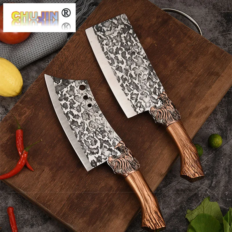 

Traditional Handmade Forged Kitchen Knife Hammer Stainless Steel Chef's Chopper Cooking Knives Wooden Meat Slicer
