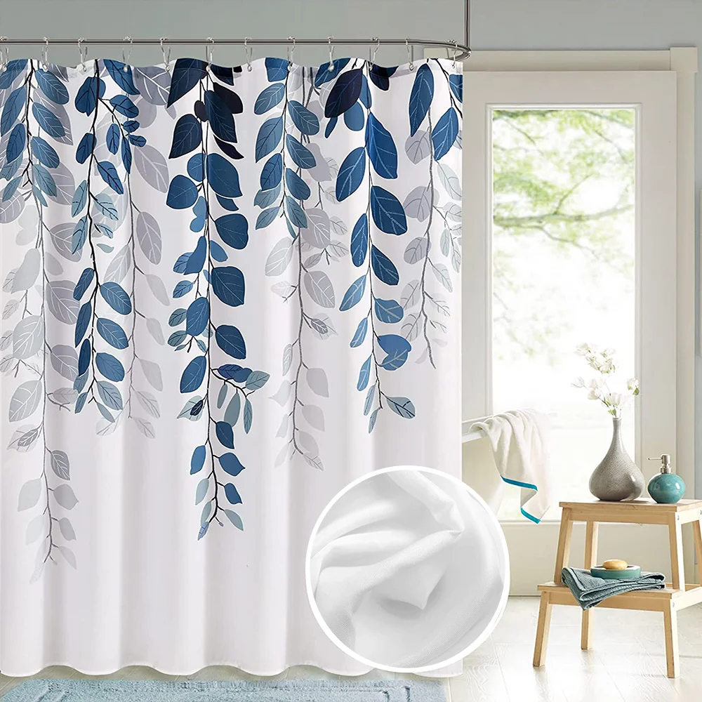 

Blue Plant Leaves Shower Curtain Abstract Waterproof Polyester Printed Bathroom Partition Decorative Curtain With Plastic Hook