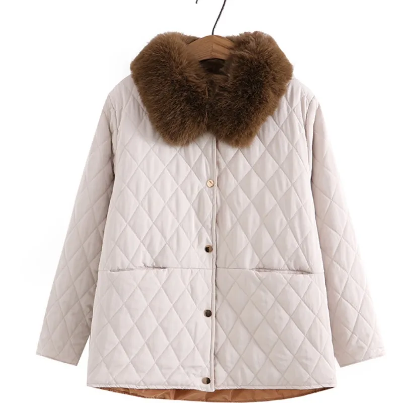 

4XL Autumn Winter Plus Size Parka Women Clothing Quilted Coat LOOSE Argyle Fur Collar Keep Warm Outewear 100KG