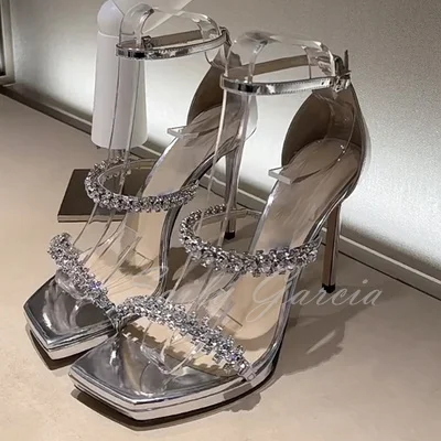 High Heel Women's Rhinestone Chain Thick Sole Platform 2023 New Summer Crystal Square Toe Thin Heel Ankle Strap Fairy Sandals