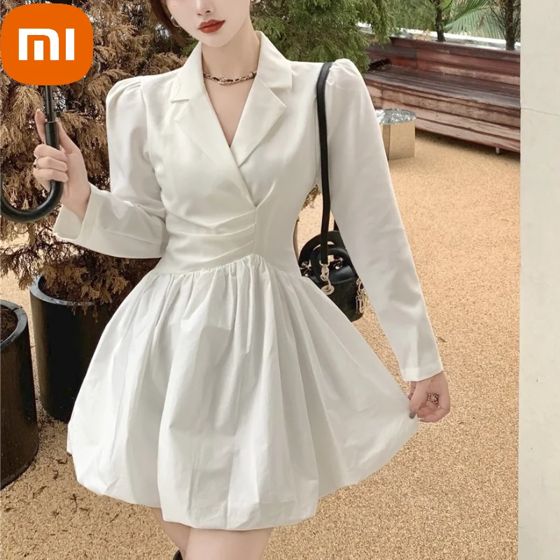 

XIAOMI Autumn French Elegant Dress Women Long Sleeve Fashion Party Mini Dresses Female Solid Vintage V-neck One Piece Dress 2021