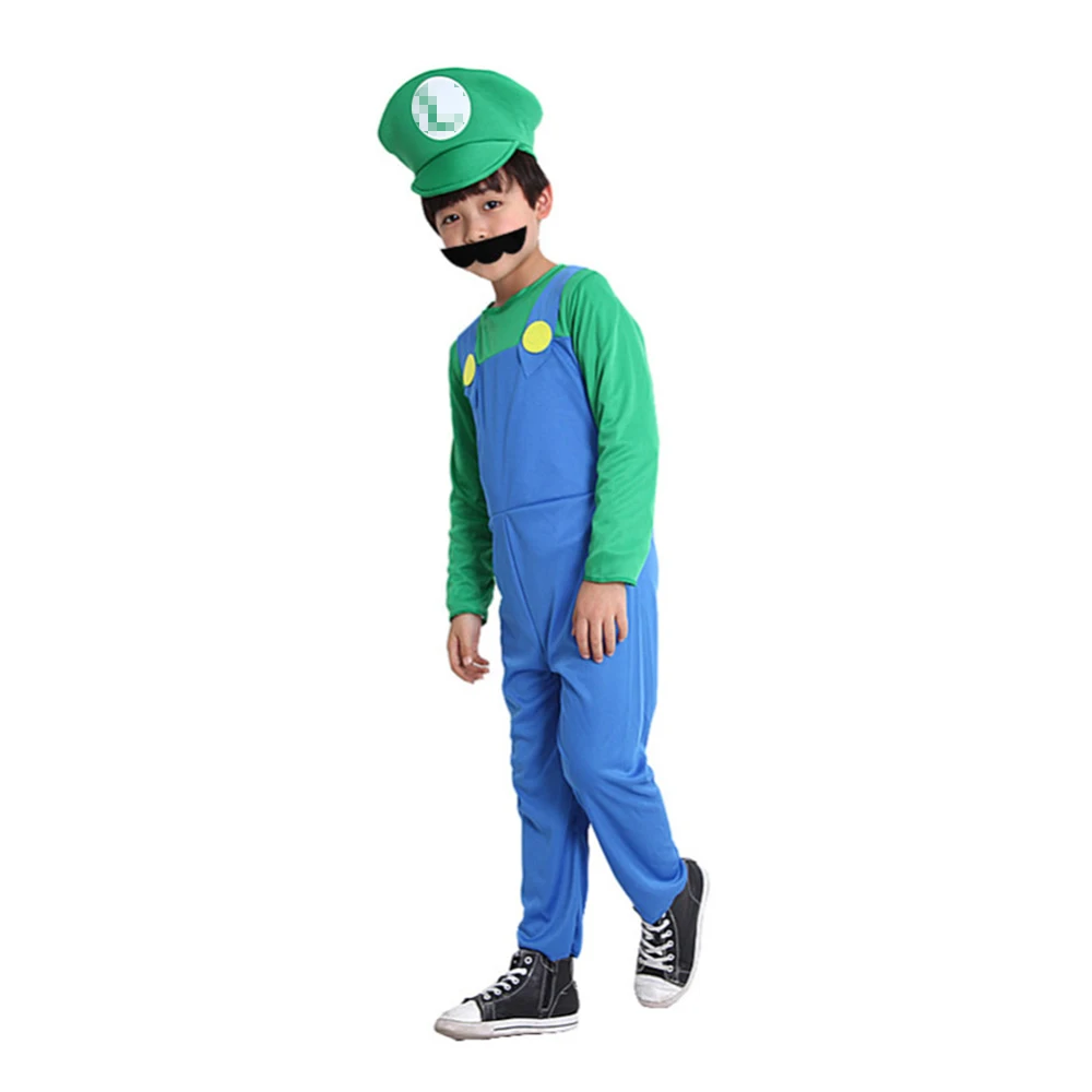 Фото Костюм Луиджи для мальчиков, Super Luigi Bros, комбинезон для косплея, боди, шляпа, костюм с бородой, костюмы на Хэллоуин №5