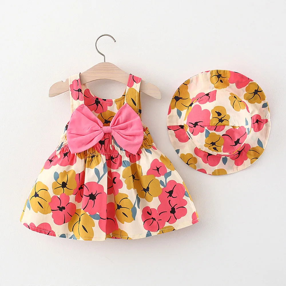 

New Baby Clothes Girl Dress Summer Flower Printed Dresses Fashion Bow Beach Party Vestidos with Hat Infant Clothes Sets