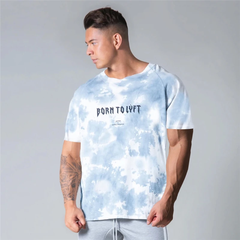 

Tie-Dye Gym Fitness Men Bodybuilding Workout Skinny T-shirt Male Cotton Sport Tee Shirt Tops Summer Casual Short Sleeve Clothing