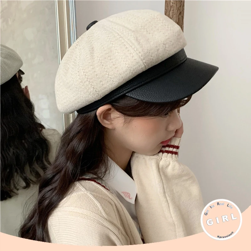 

PU Leather Brim Octagonal Beret Hats Women Casual Spring Autumn Vintage Newsboy Caps Kawaii Girls Painter Tour Hat T130