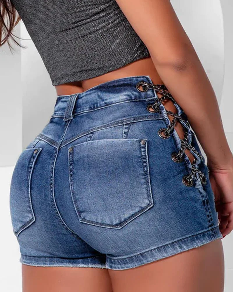 

Women Jeans Sexy High Waist Grommet Eyelet Chain Lace-up Ripped Denim Shorts Summer Personality Fashion Jeans Female