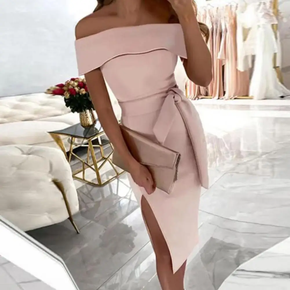 

Belt Side Split Hem Hip Wrap Midi Dress Sexy Off Shoulder Slash Neck Elegant Party Dress Lace-up Mid-calf Length Woman Dress
