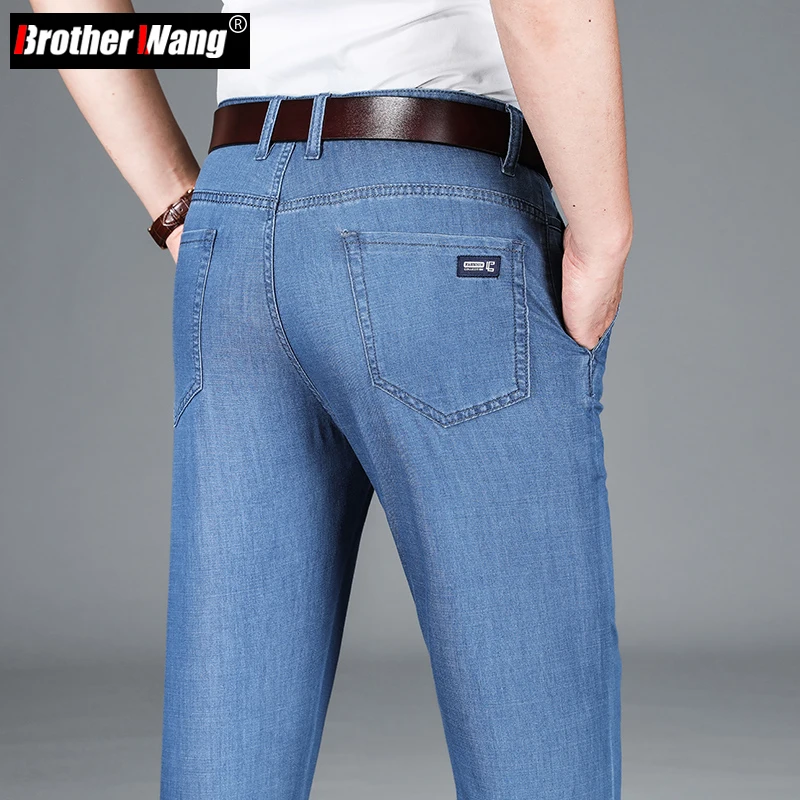 Spring Summer Men's Anti-wrinkle Comfortable Fabric Thin Jeans Business Casual Straight High Quality Trousers Male Brand Blue