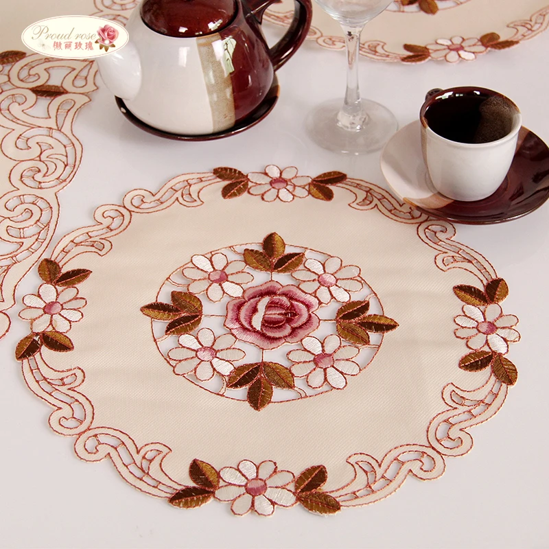 

Proud Rose 4 Pcs Embroidery Cup Cushion Table Cloth Tissue Box Cover Exquisite Dish Mat Insulation Pad Creative Round Table Mat