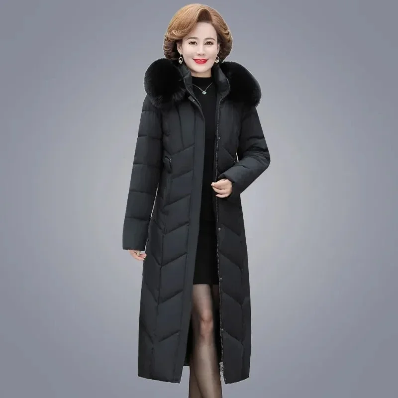 Стеганая очень толстая длинная парка для мам Зимняя с капюшоном меховым