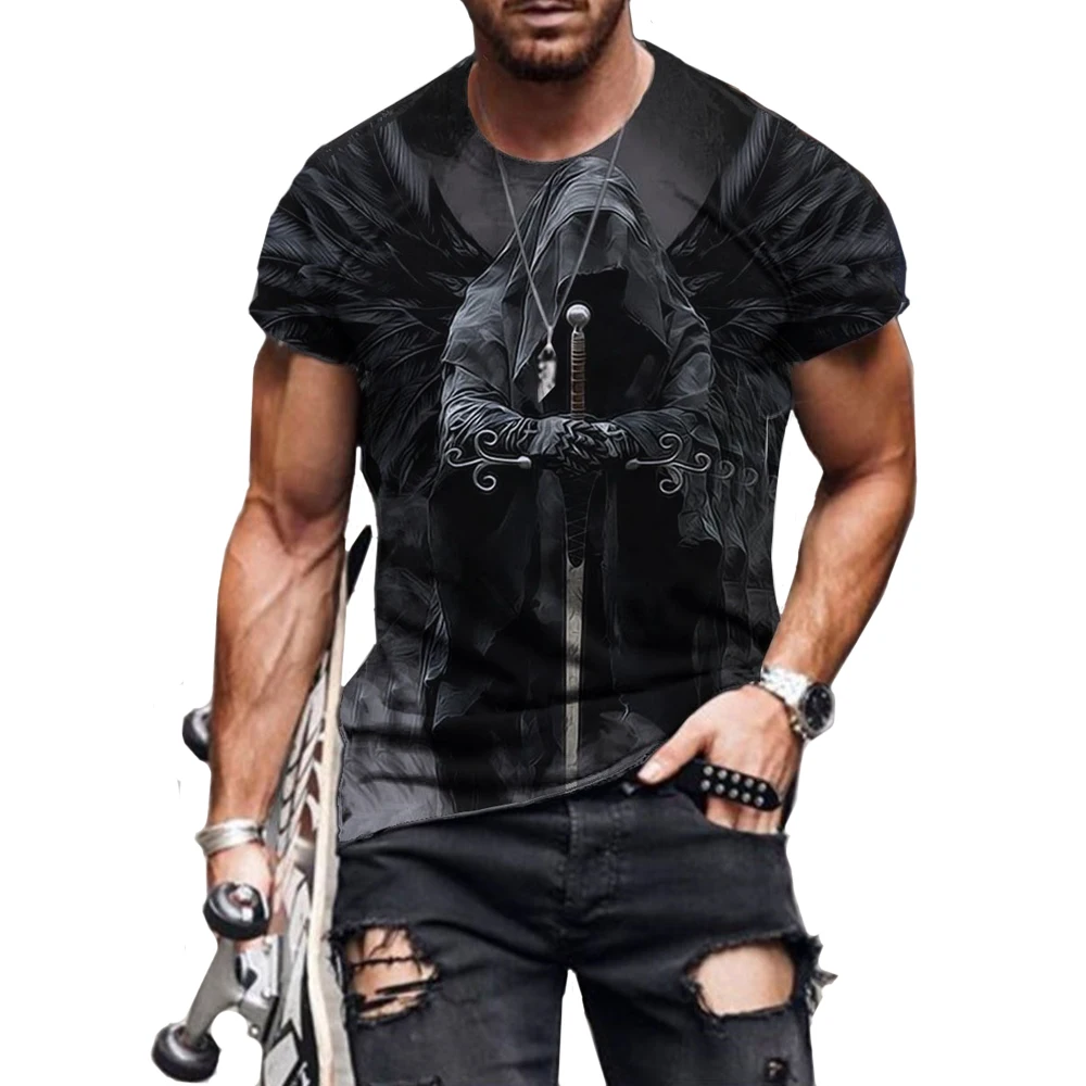 

Tide Hot Selling Men And Women Can Wear Round Neck Short Sleeve Cool Cape Black Wings Devil Print T-shirt Bottoming Tops