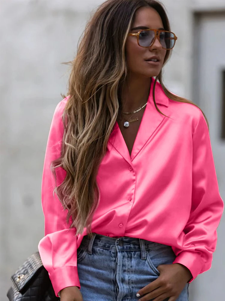 

Women Suit Collar Shirt Satin Elegant Solid Long Sleeve Blouses Female Button Loose Office Shirts Top Spring Autumn Shirts Tops