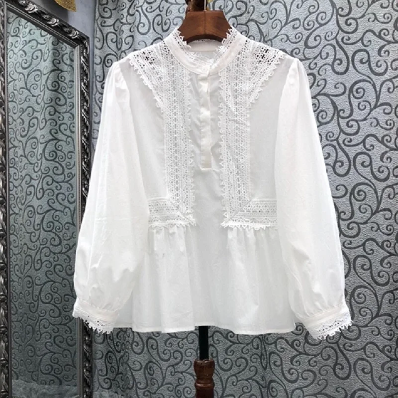 100%Cotton Blouses 2022 Spring Summer Khaki White Tops High Quality Women Appliques Lace Embroidery Long Sleeve Casual Blouse