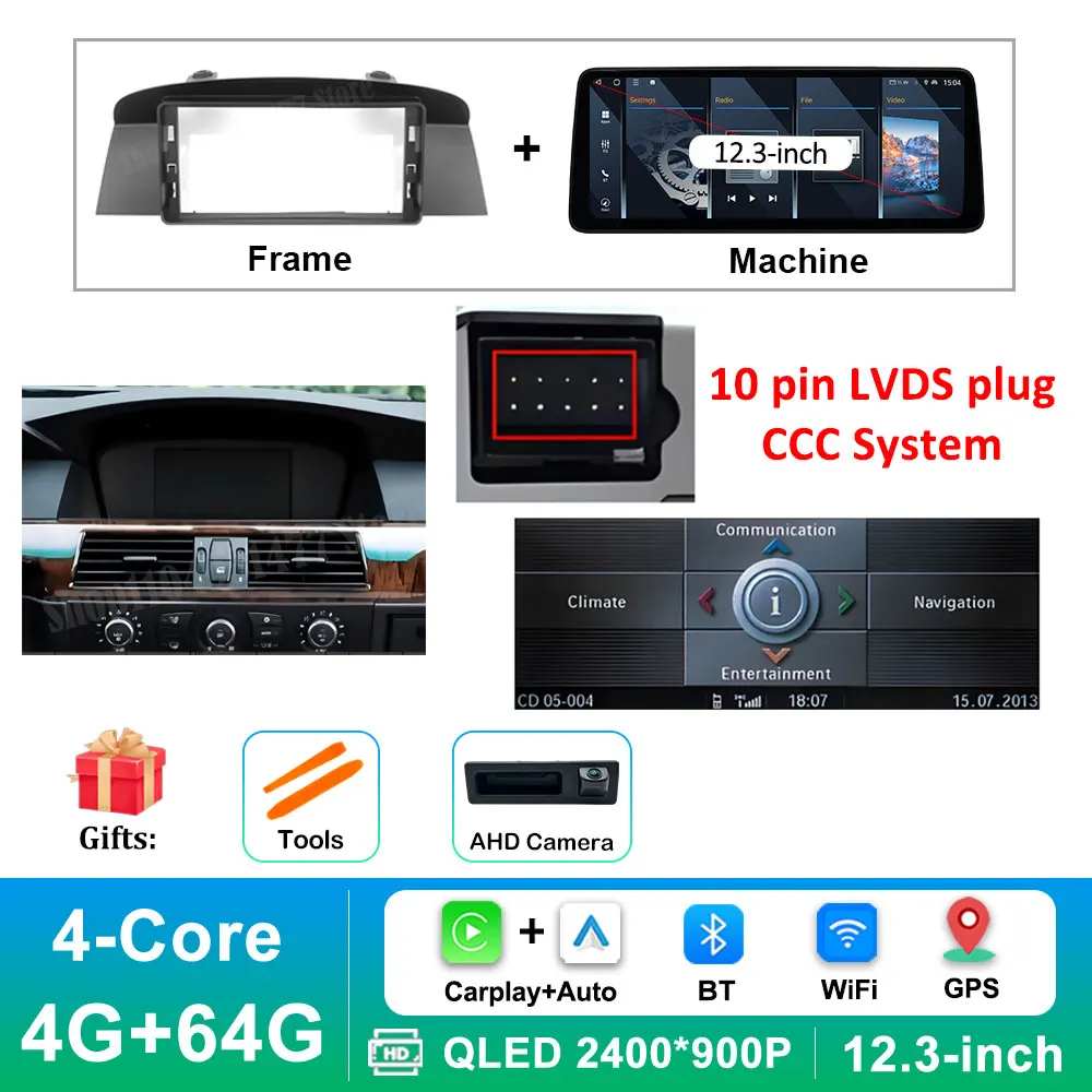 

12,3-дюймовый ультратонкий экран Android 14 BT для BMW 5 серии E60 E61 E62 2004-2012 CIC CCC Система GPS Автомобильный видео Мультимедийный плеер