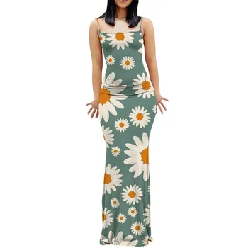 Women's Sexy Sling Dress Sun Floral Print U Neck Fashion Bodysuit Slim Long Home Dresses Cotton Elegant Long Dress Vestido 1