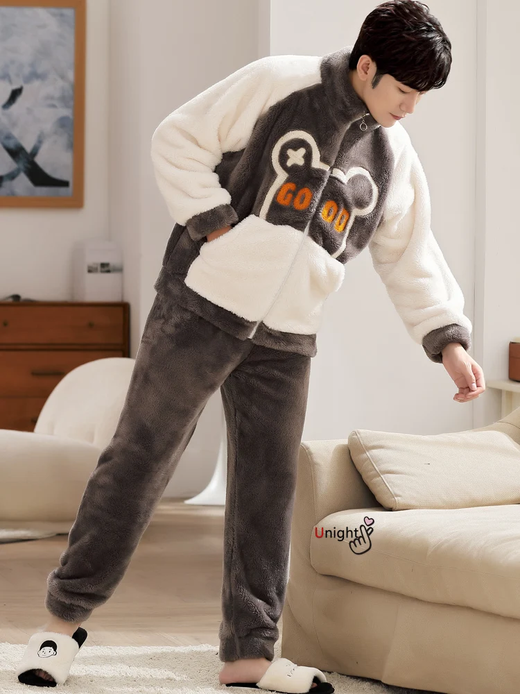 Oversize M-5XL Winter Man Stand-up Collar Pijamas Outwear Nightwear Plush Shaggy Christmas Pajamas Boy Fleece Warm Pijamas