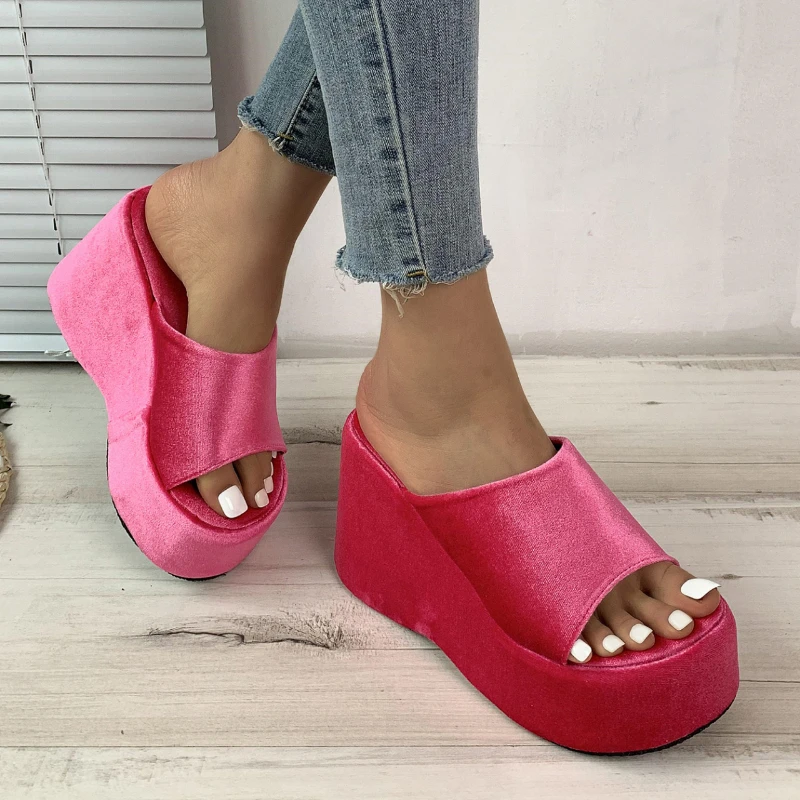 

Women Shoes 2023 New Thick Soled Women Slippers Summer Square Toe Satin Sandals Women's Slope Heel Beach Shoes Simple Flip-flops
