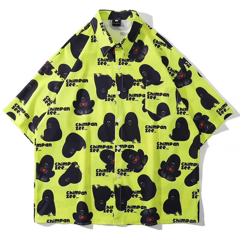 

Chimpanzees Printed Turn-Down Collar Shirt 2022 Summer Unisex Vintage Male Tropical Tops Men Oversize Hawaii Short Sleeve Shirts
