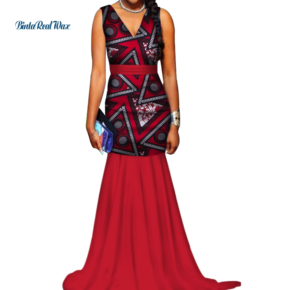 New African Wax Print Dresses for Women Bazin Riche Sleeveless V-Neck Mermaid Dress Vestidos Women African Clothing WY514