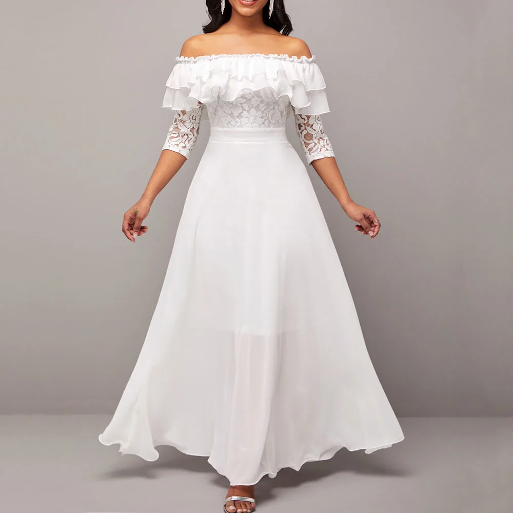 

2022 New Women Fashion Dress Wedding Evening Party Lace Patchwork Off Shoulder High Waist Elegant Dress For Ladies Spring Summer