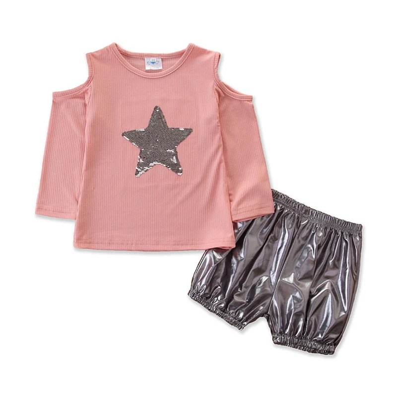 

Baby Girl Clothing Sets Spring Casual Solid Sequin Top + Silver Leather Shorts Suit 2022 New Cotton Long Sleeve Kids Clothes
