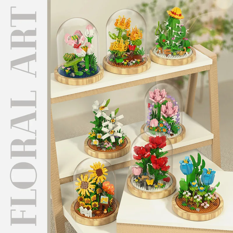 

Immortal Flower Micro Building Blocks Cactus Carnation Rose Sunflower Bouquet Lily Tulips Mini Brick Figure Toy With Display