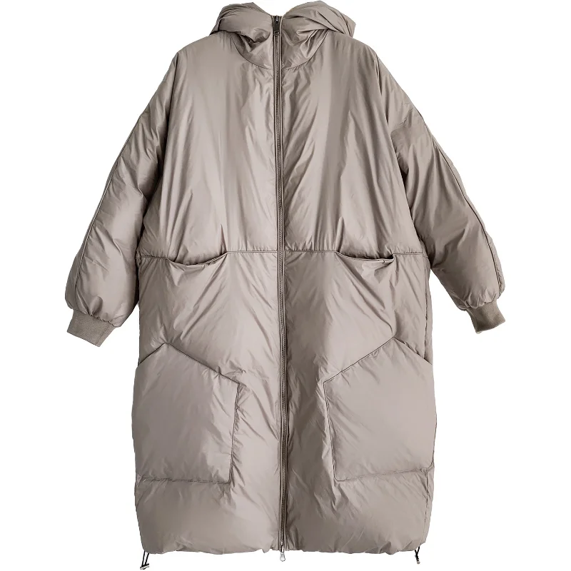 New Down Jacket Winter White Duck Down Hundred Loose Lightweight Big Pockets Ladies Long Thickening Warm Down Jacket Jacket