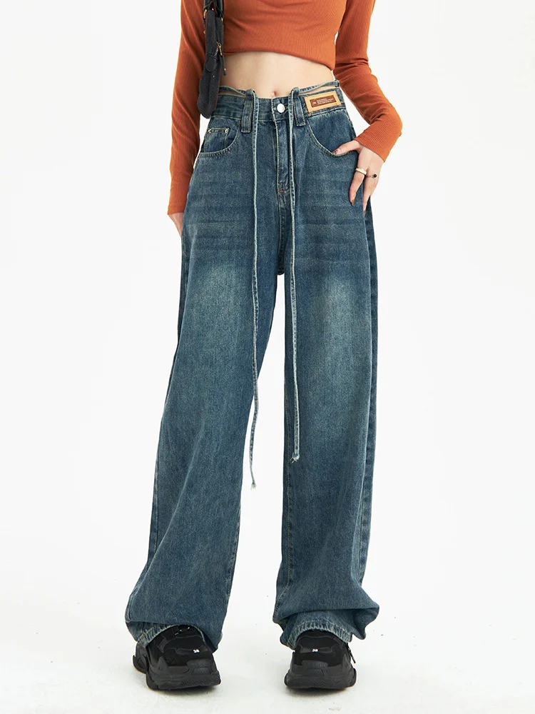 Hot jeans,2023 Women Vintage Baggy Straight Jeans High Waist Wide Leg Jeans Loose Drawstring Lace Up Cargo Pants Oversize Denim
