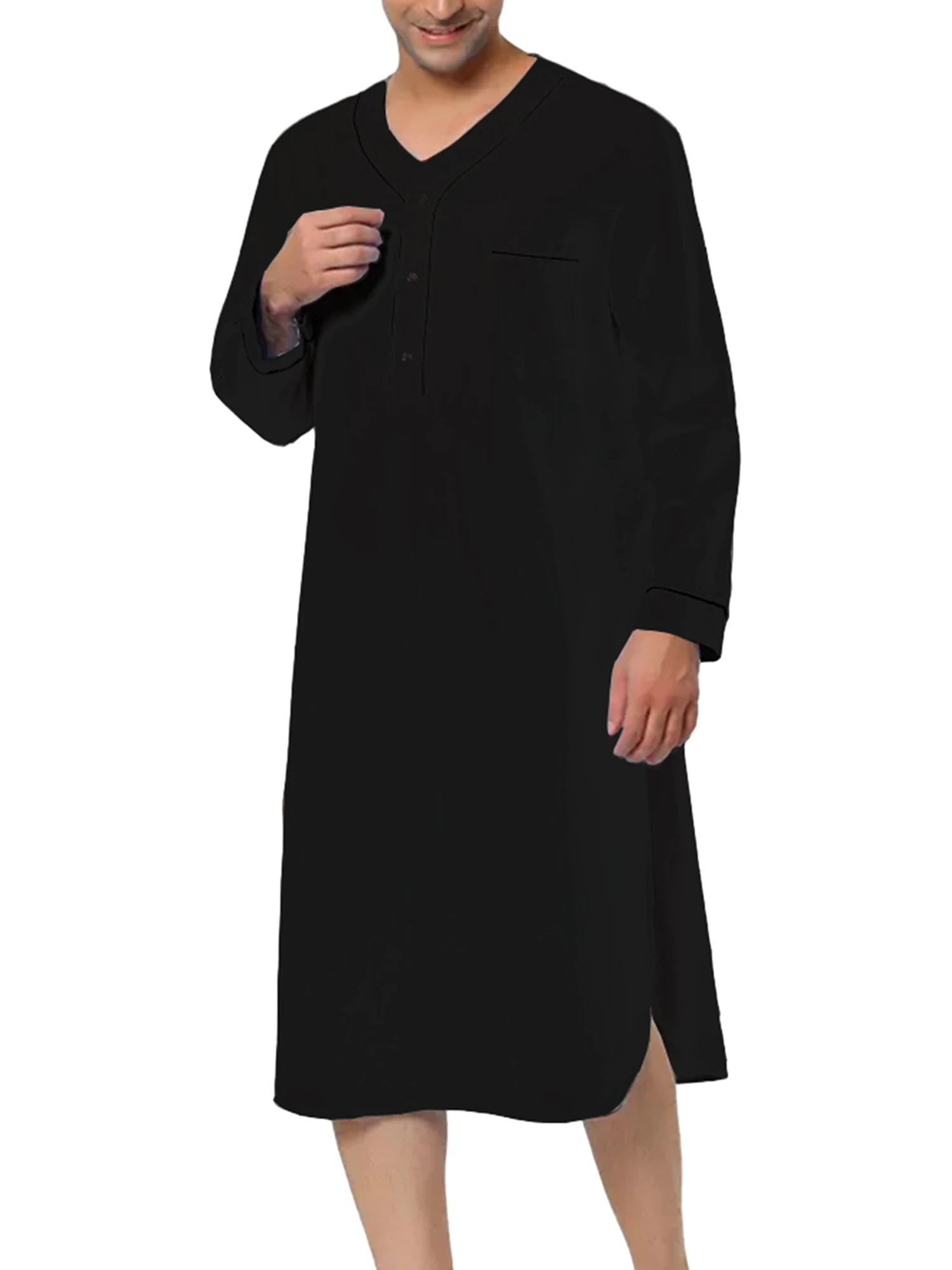 

Men s Nightshirt Sleepwear Casual Comfy Long-Sleeve V Neck Henley Sleep Shirt Loungewear with Pocket (A-Grey M)