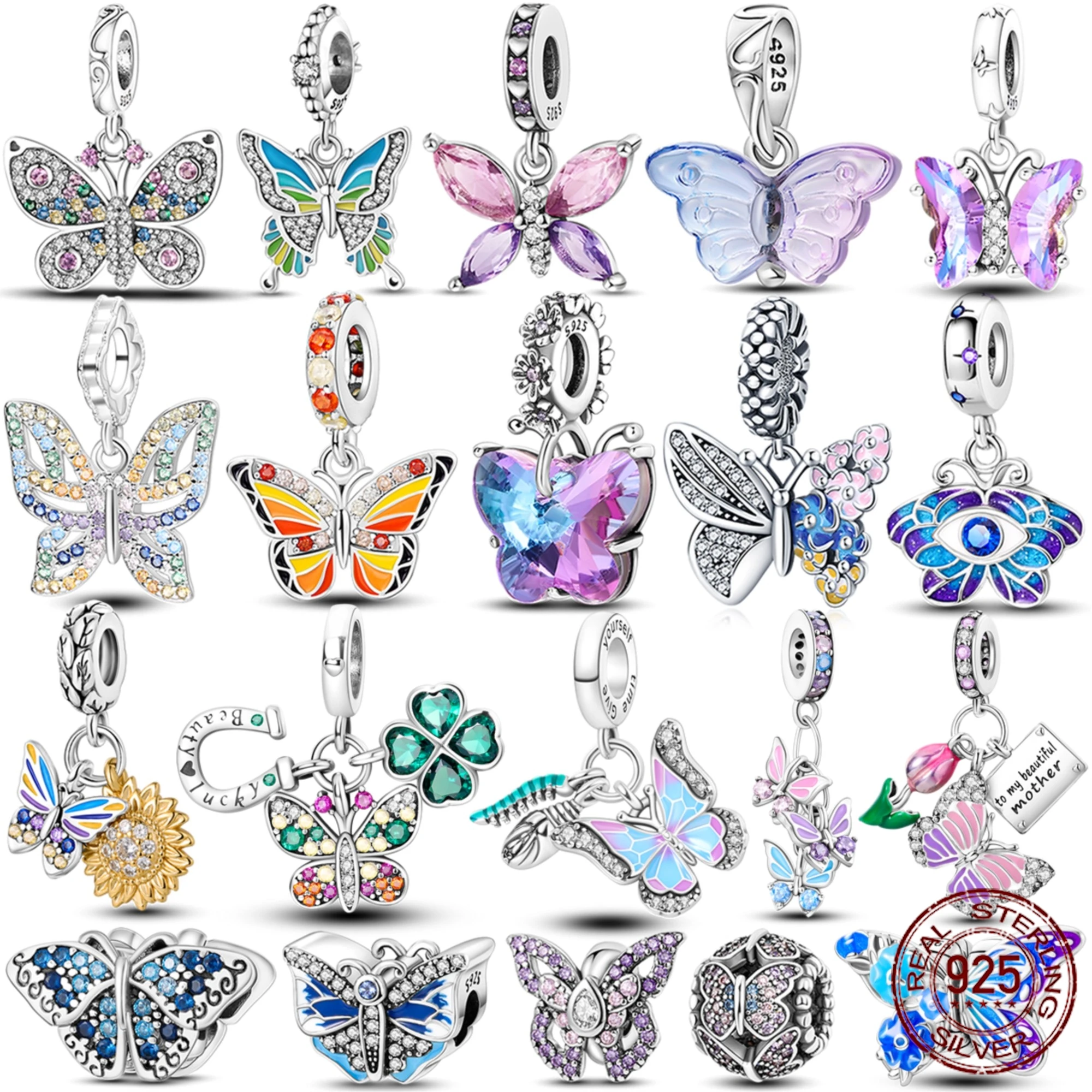 Стерлингового серебра 925 пробы серия бабочек подвески циркониевые круглые из