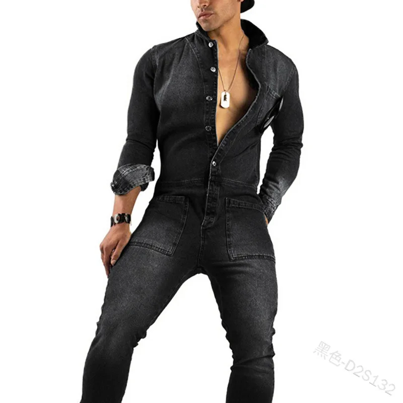 New Casual Denim Jumpsuit for Men Fashion  Workwear Mens Denim Clothing Slim Jumpsuit Men