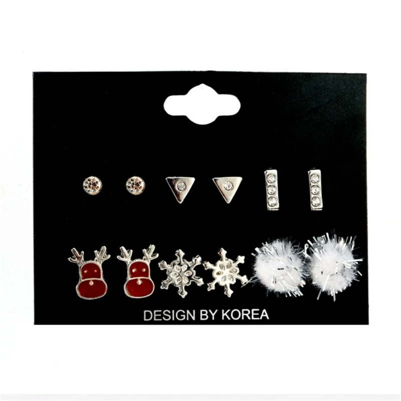 

6 Pairs Christmas Elk Snowflakes Ear Studs Women Cute Earrings Party Jewelry