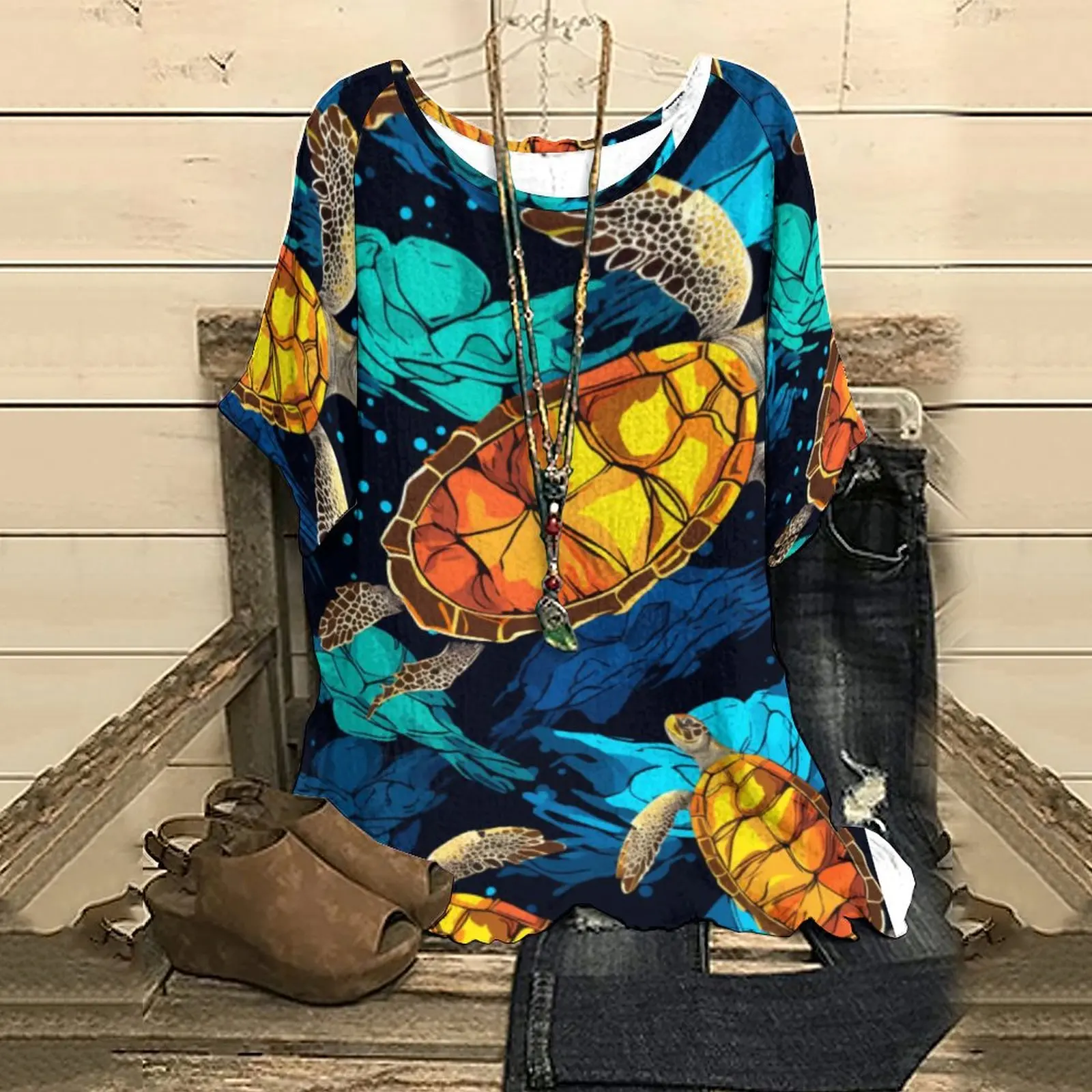 

Fashion Summer Daily Women's Shirt Women's Half Sleeve Top Tee Sea Turtle Print Retro T-Shirt Streetwear