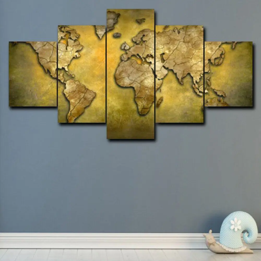 

No Framed Canvas 5 Panel Abstract Retro World Map Modern HD Printed Decorative Wall Art Posters Pictures Home Decor Paintings
