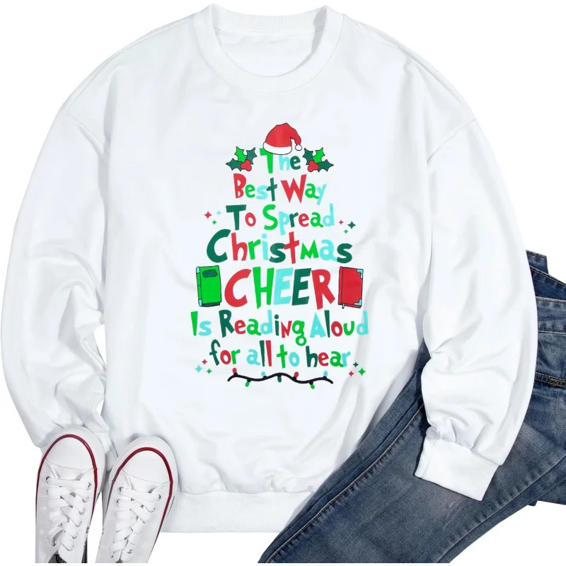 Рождественская женская спортивная рубашка с длинными рукавами круглым вырезом и