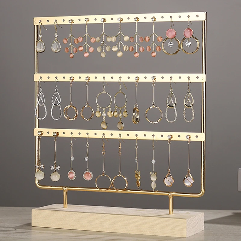 

Wooden Base Metal Racks Ear Studs Pendant Jewelry Holder Display Stand Organizer Storage Earrings Presenting Rack 24/44/66 Holes