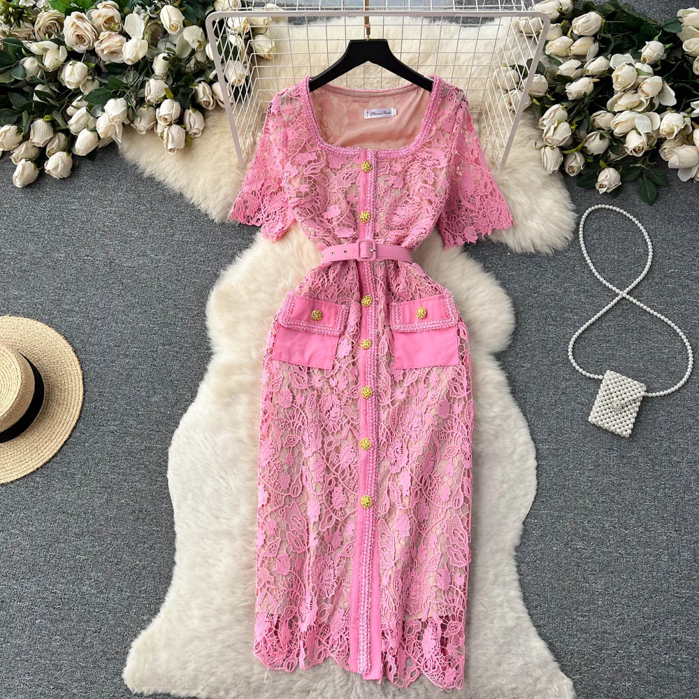 

Vintage Lace Hollow Elegant Wrap Dress Short Sleeve Women Elegant Fashion Vestidos Embroidery Spring Summer Slim Pencil Dress