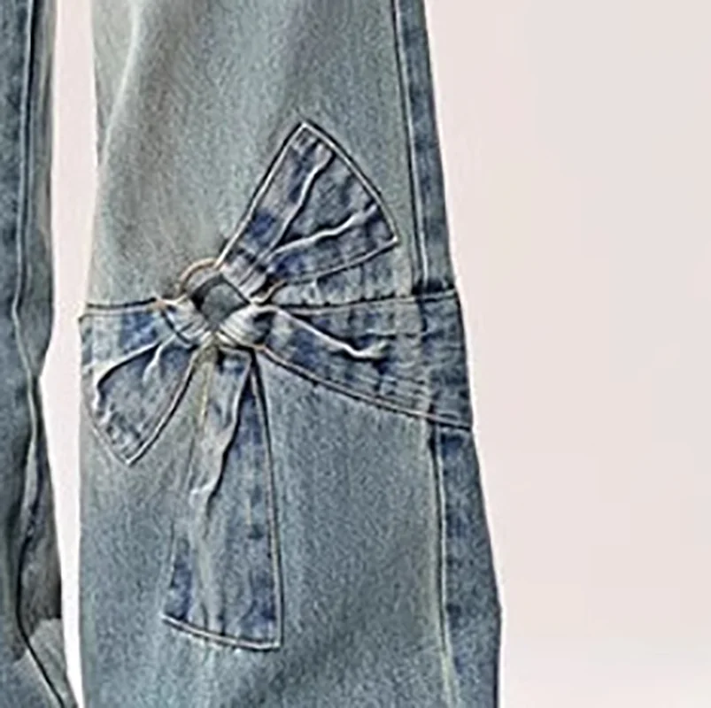 Американские винтажные широкие джинсы с бантом прямые высокой талией для женщин