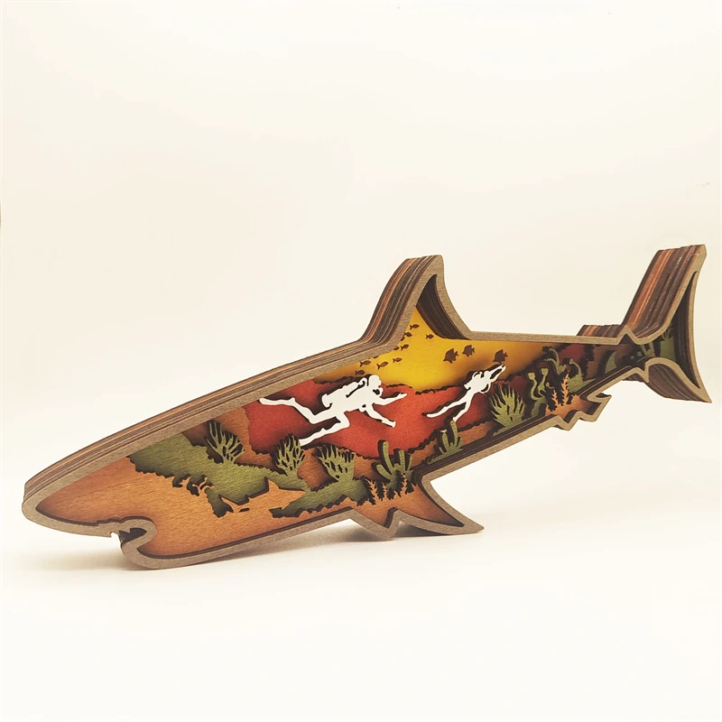 

Wooden Fish Decor Hollowed Multilayer Fish Figurine Ornament Statue Rustic for Home Shelf Cabinet Tabletop Decoration