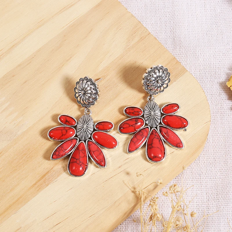 

Newest Bohemia Carved Flowers Drop Earrings for Women Tribal Jewelry Vintage Red Blue Stone Brinco Dangle Earring Pendientes