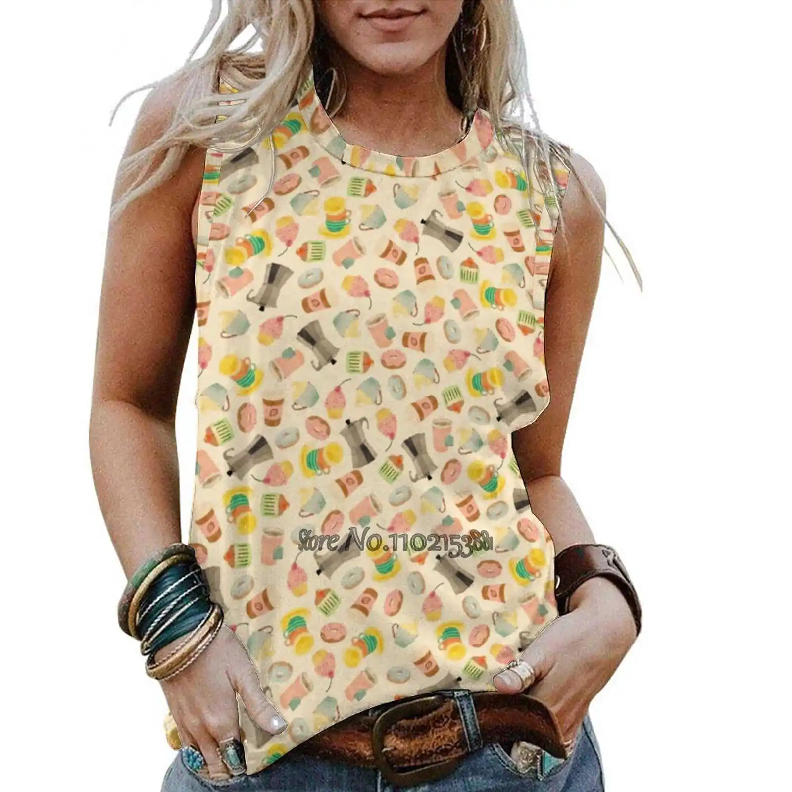 

Sweet Morning Women Tank Camisole Fashion Loose Casual Vest Sexy Tank Top Girls T-Shirt Watercolor Pattern Food Breakfast