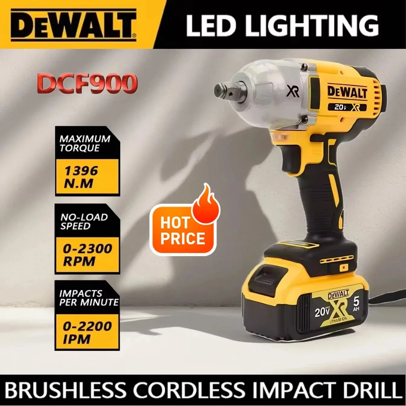 Фото Комплект DEWALT DCF900 Бесщеточный беспроводной ударный гайковерт с высоким крутящим моментом 1/2 дюйма, 1396N. M, зарядное устройство для электроинструмента DEWALT 20 В №1