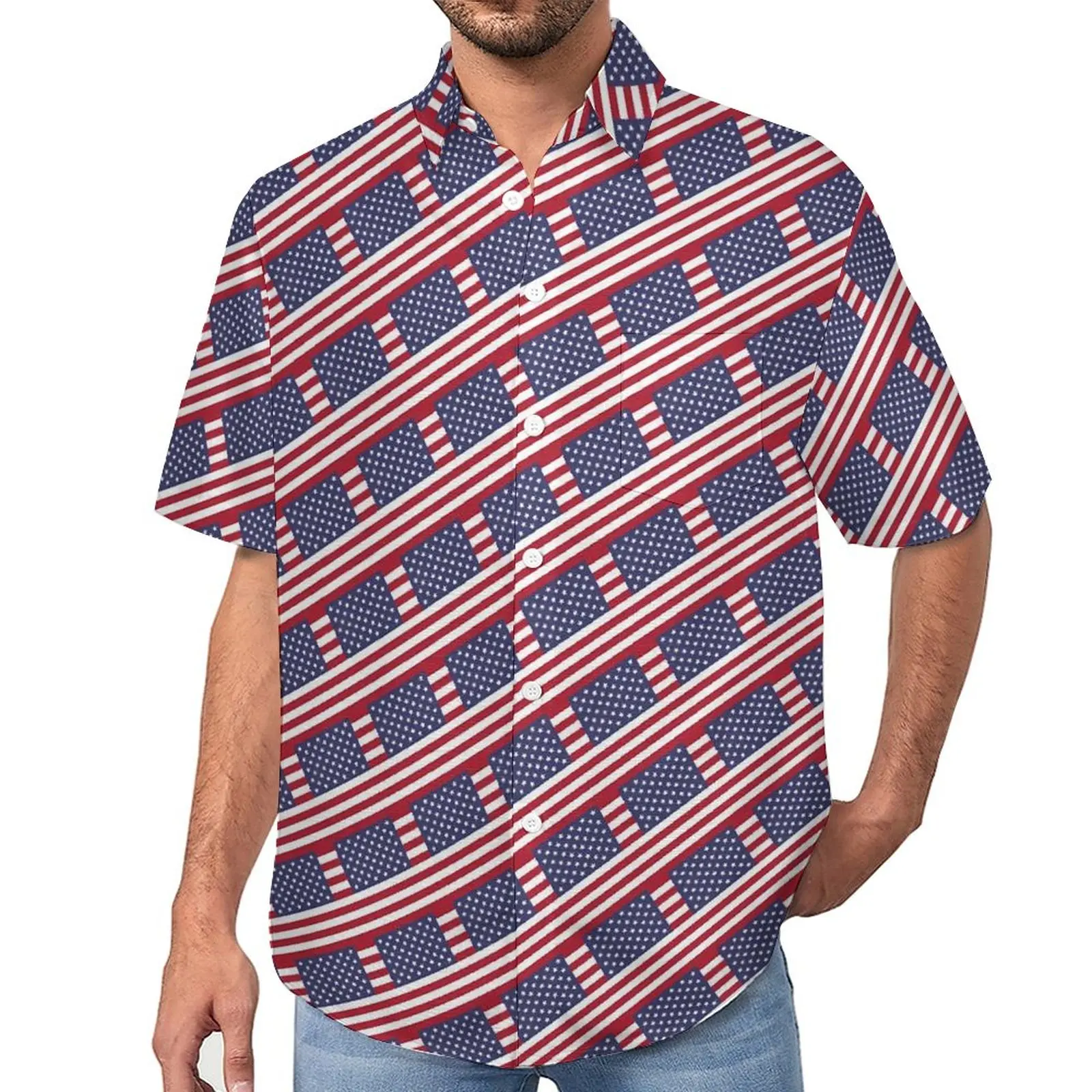 

USA Flag Beach Shirt American Flags Fashion Hawaiian Casual Shirts Man Novelty Blouses Short-Sleeve Print Clothing Plus Size 4XL
