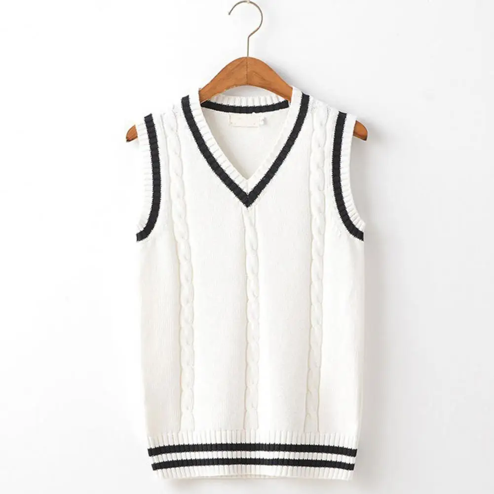 

Winter V-neck Vest College Style Unisex V-neck Knitted Waistcoats with Twist Texture Striped Splicing for Autumn Winter Color