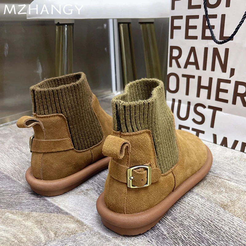 Женские замшевые ботильоны на плоской подошве вязаная обувь с пряжкой женские