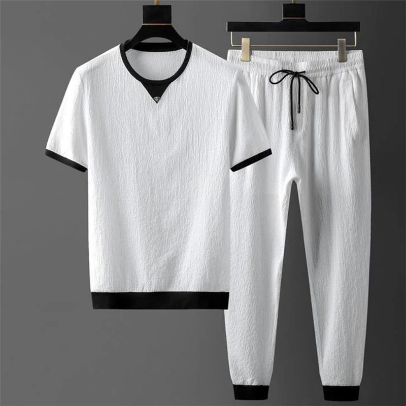 

Men's Sets Summer Short Sleeve Tops+ Elastic Waist Trousers Men Clothing Two Piece Set Korean Streetwear Tracksuit Men Big Size